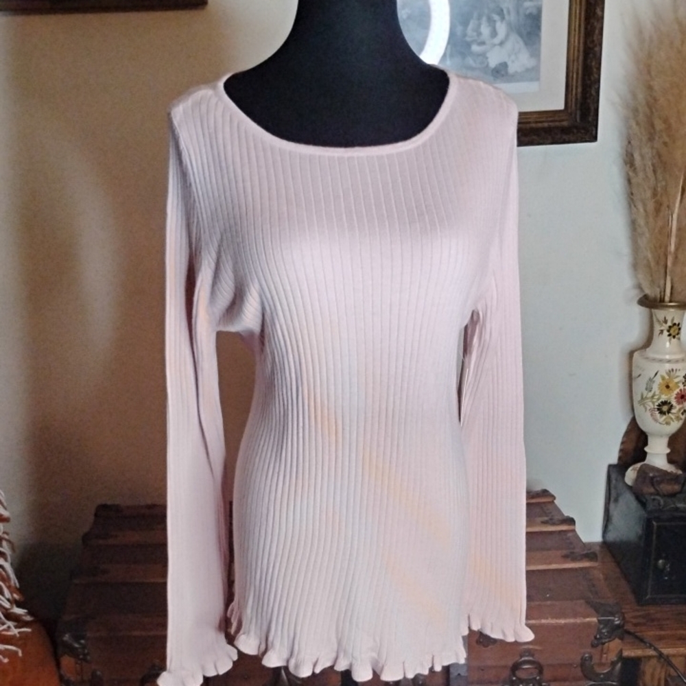 Ellen Tracy Long Sleeve Ribbed Top in Light Pink